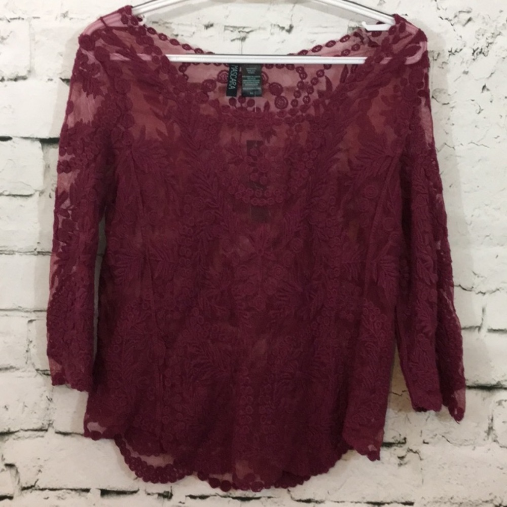 Nwt Mascara burgundy sheer lace blouse